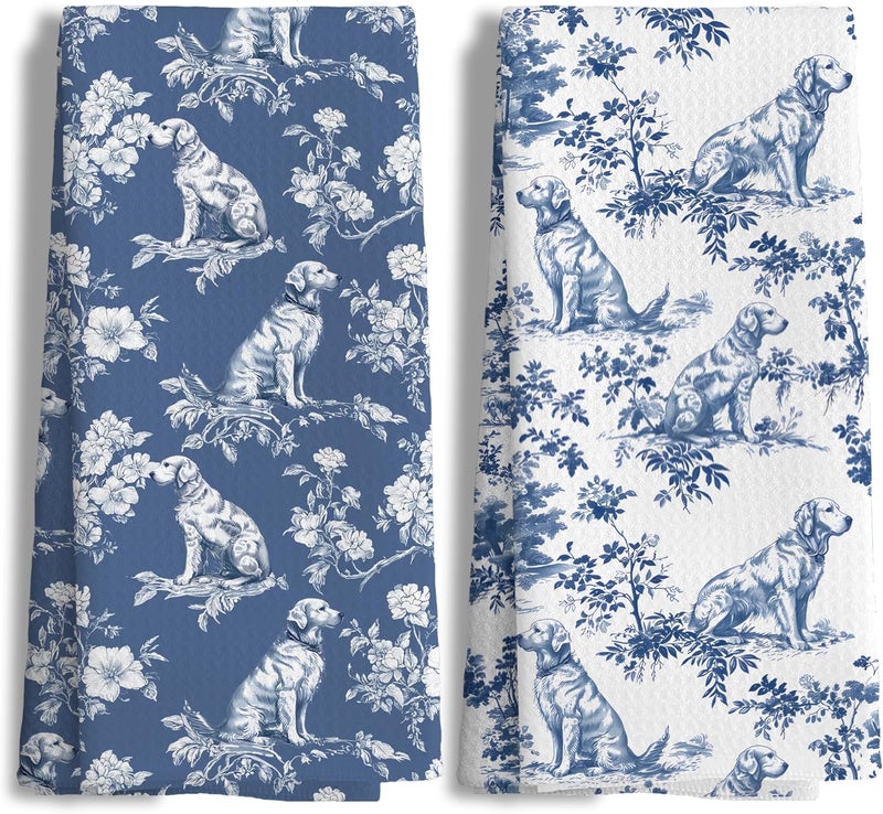 Nipil Nipi Chinoiserie Golden Retriever Kitchen Towels Set of 2,Blue And White Floral Golden Retriever Decorative Dish Tea Towels,Grandmillennial Botanical Dog Hand Towels for Kitchen Bathroom, 16x24 Inch - Image 1